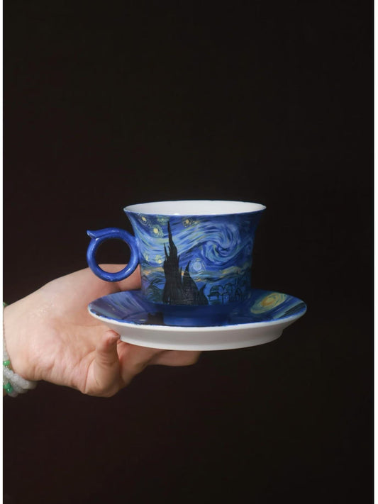 Hand-Painted Starry Night Cup & Saucer – Van Gogh Series