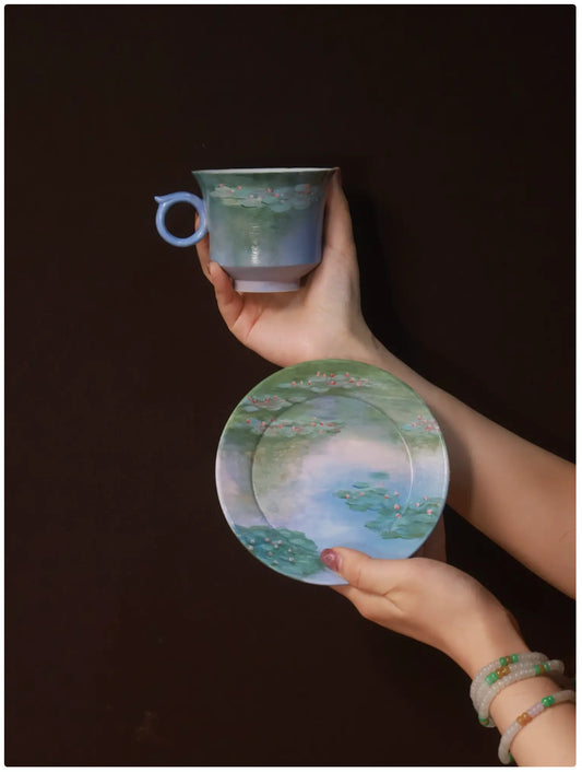 Hand-Painted Water Lilies Cup & Saucer – Monet Series (Premium Edition)