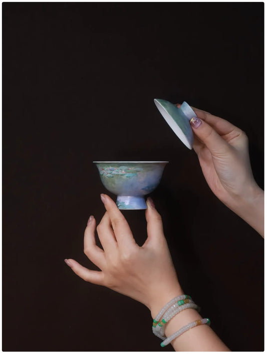 Hand-Painted Water Lilies Cup with Lid – Monet Series